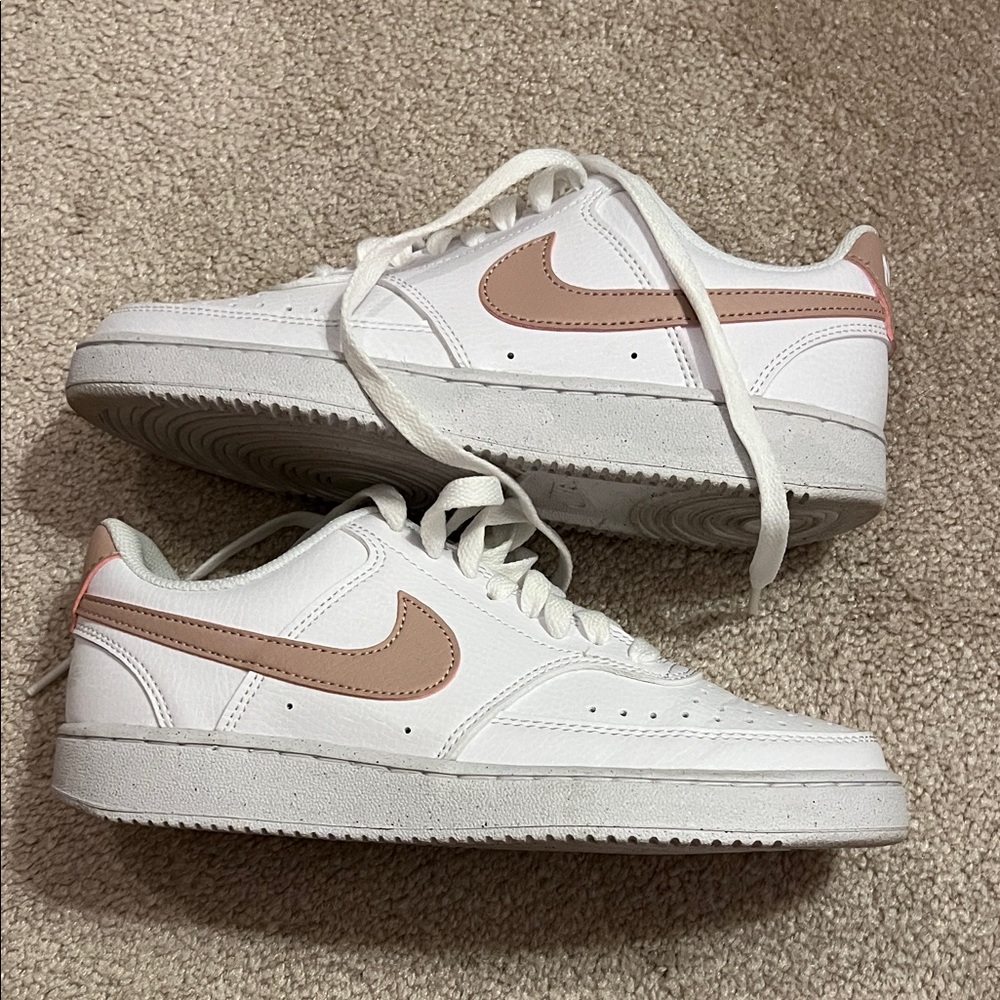 Nike White Low-Top Sneakers with Blush Pink Swoosh